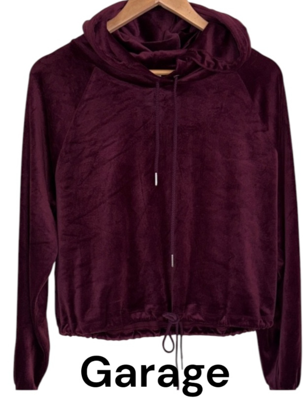 Garage velour cropped long sleeve hoodie Plush Burgundy large drawstring soft